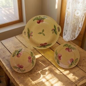 Antique Majolica Pottery Cherry Yellow Basket Weave,Art Nouveau Germany, Set 3.